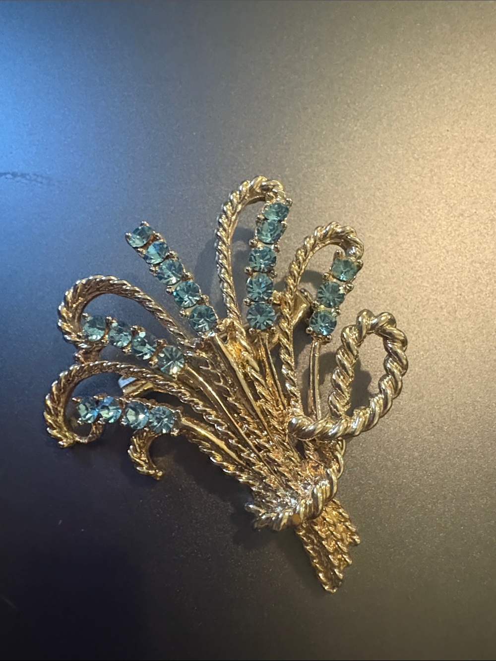 Vintage Signed Coro Midcentury Aqua Blue Rhinestone Gold Tone Floral Brooch